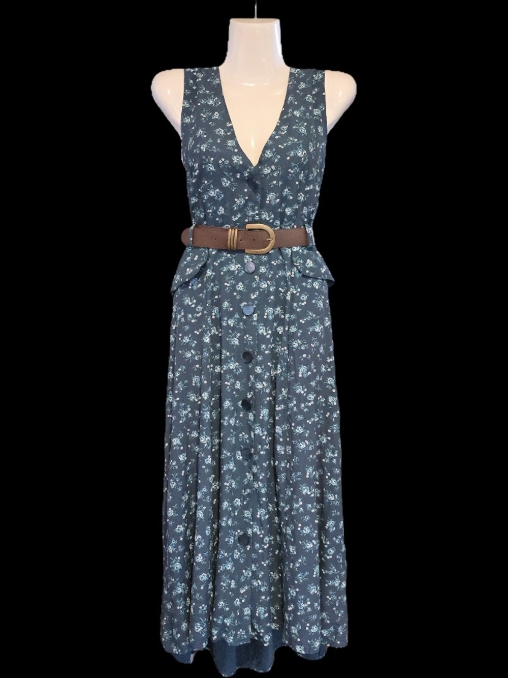 True Vintage 90s S.L. Fashions Blue Floral Button-Up Midi Dress | Made in USA